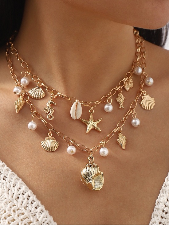 Jewelry - Gold Shell & Pearl Layered Necklace - Women Jewelry